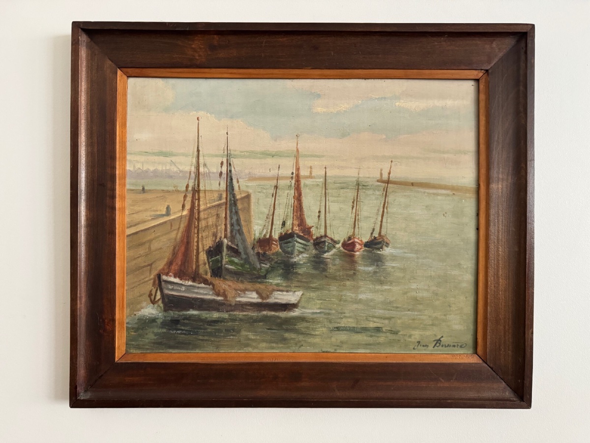 Huile sur panneau XXe bateaux de pêche par Jean Bernard Saint-Nazaire 
