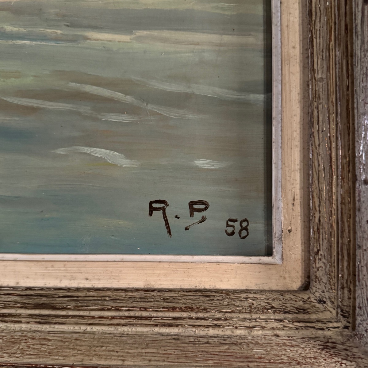 Huile sur Isorel bord de plage avec pêcheurs à pied 1958 par R.P. -photo-3
