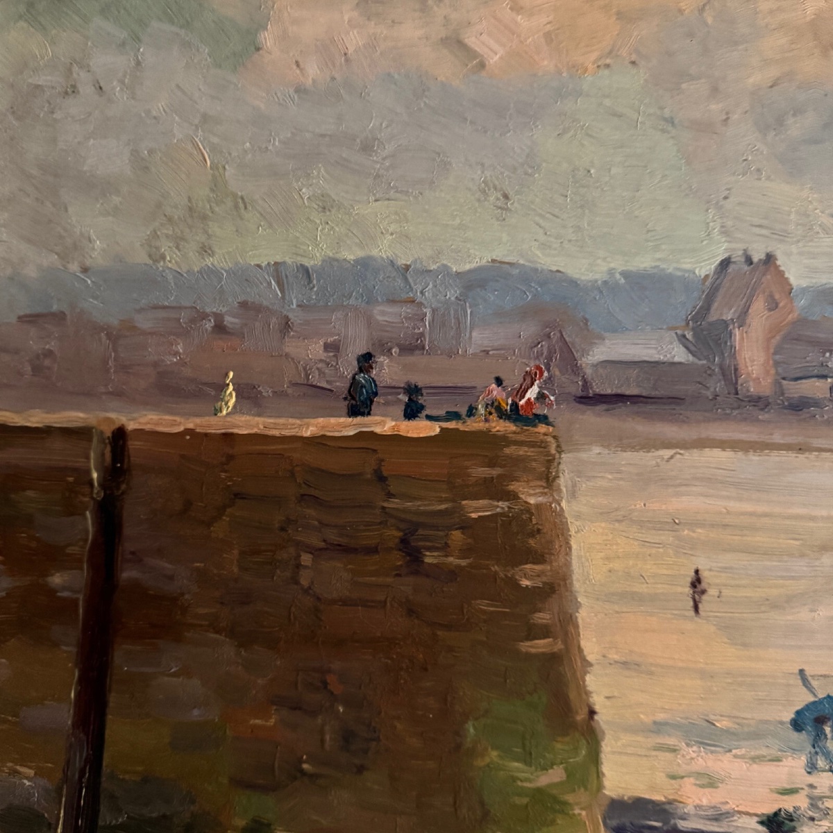 Huile sur Isorel bord de plage avec pêcheurs à pied 1958 par R.P. -photo-1