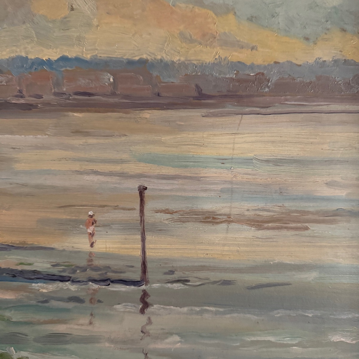 Huile sur Isorel bord de plage avec pêcheurs à pied 1958 par R.P. -photo-2