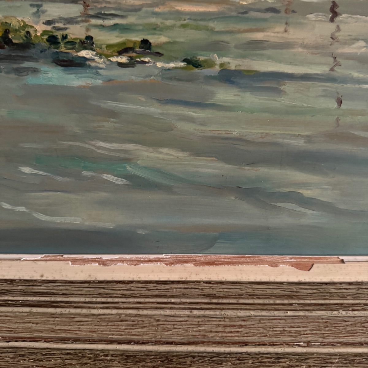 Huile sur Isorel bord de plage avec pêcheurs à pied 1958 par R.P. -photo-3