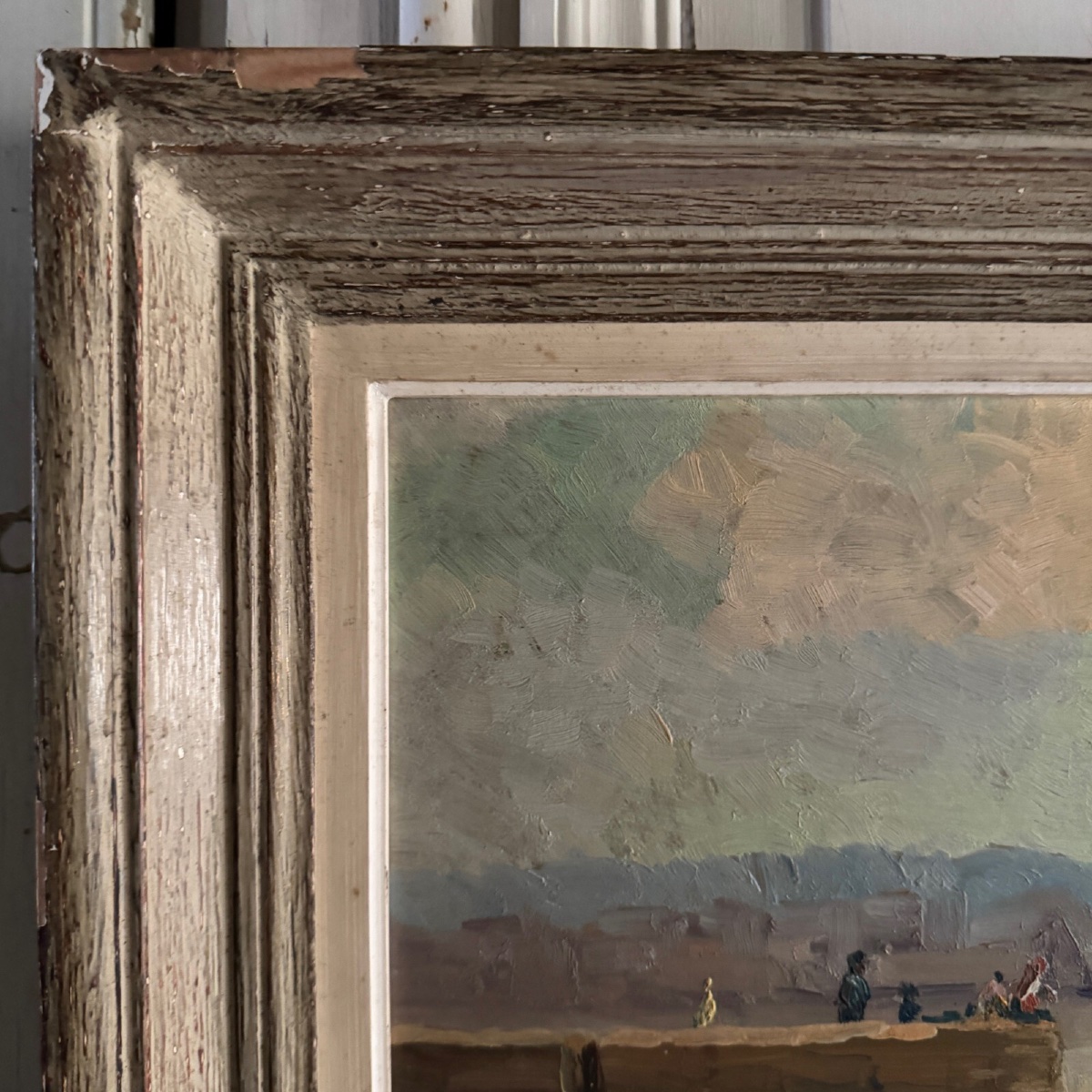 Huile sur Isorel bord de plage avec pêcheurs à pied 1958 par R.P. -photo-4