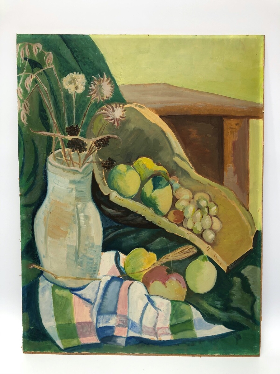 Nature morte vase de fleurs et coupe de fruits 1940 huile sur carton -photo-2