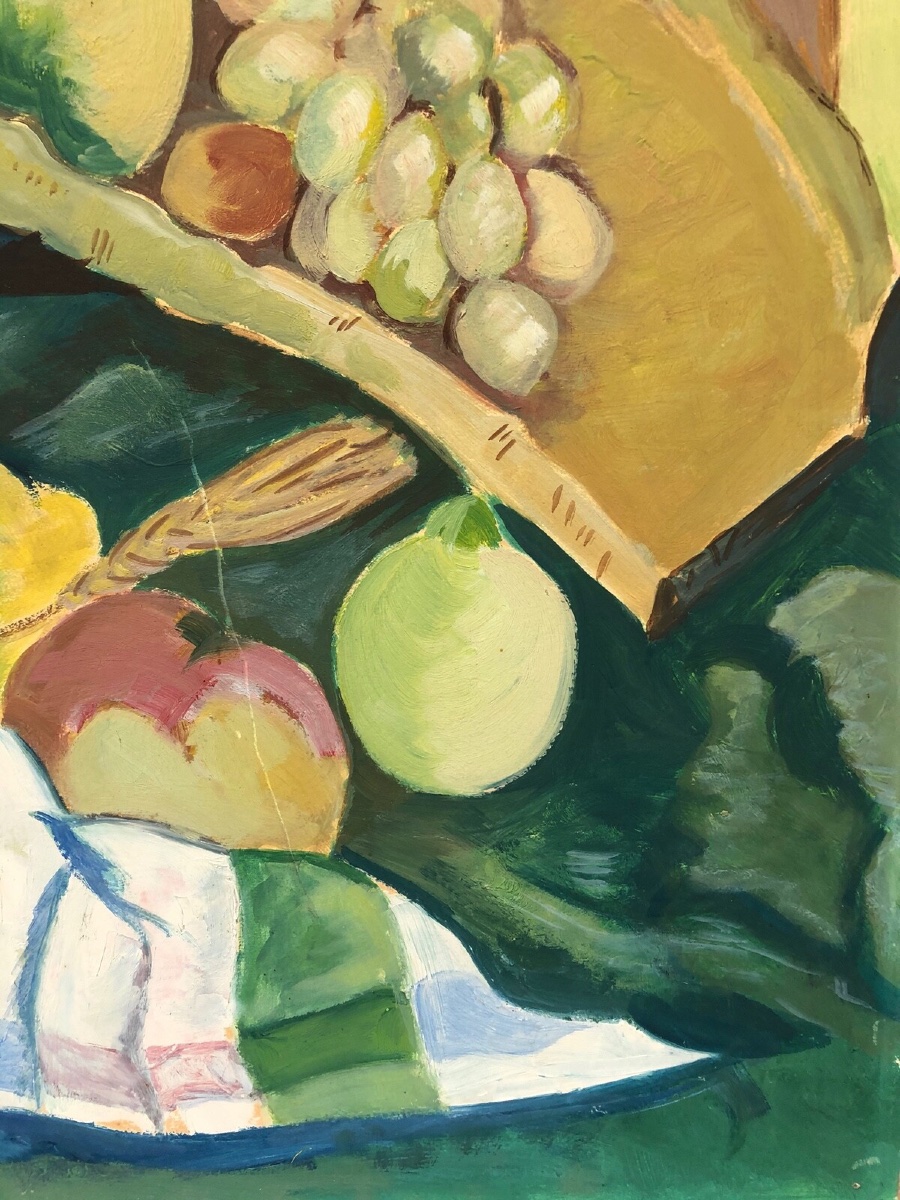 Nature morte vase de fleurs et coupe de fruits 1940 huile sur carton -photo-4