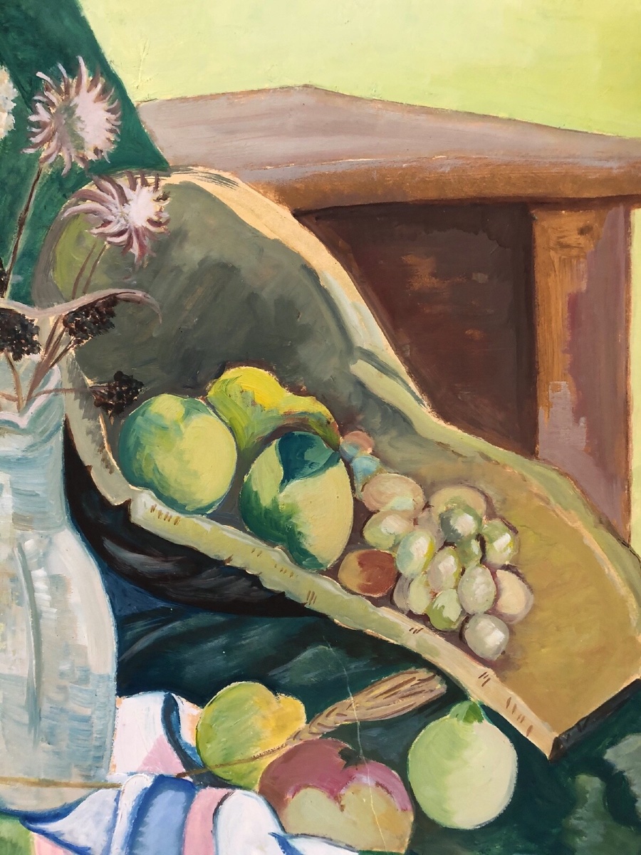 Nature morte vase de fleurs et coupe de fruits 1940 huile sur carton -photo-2