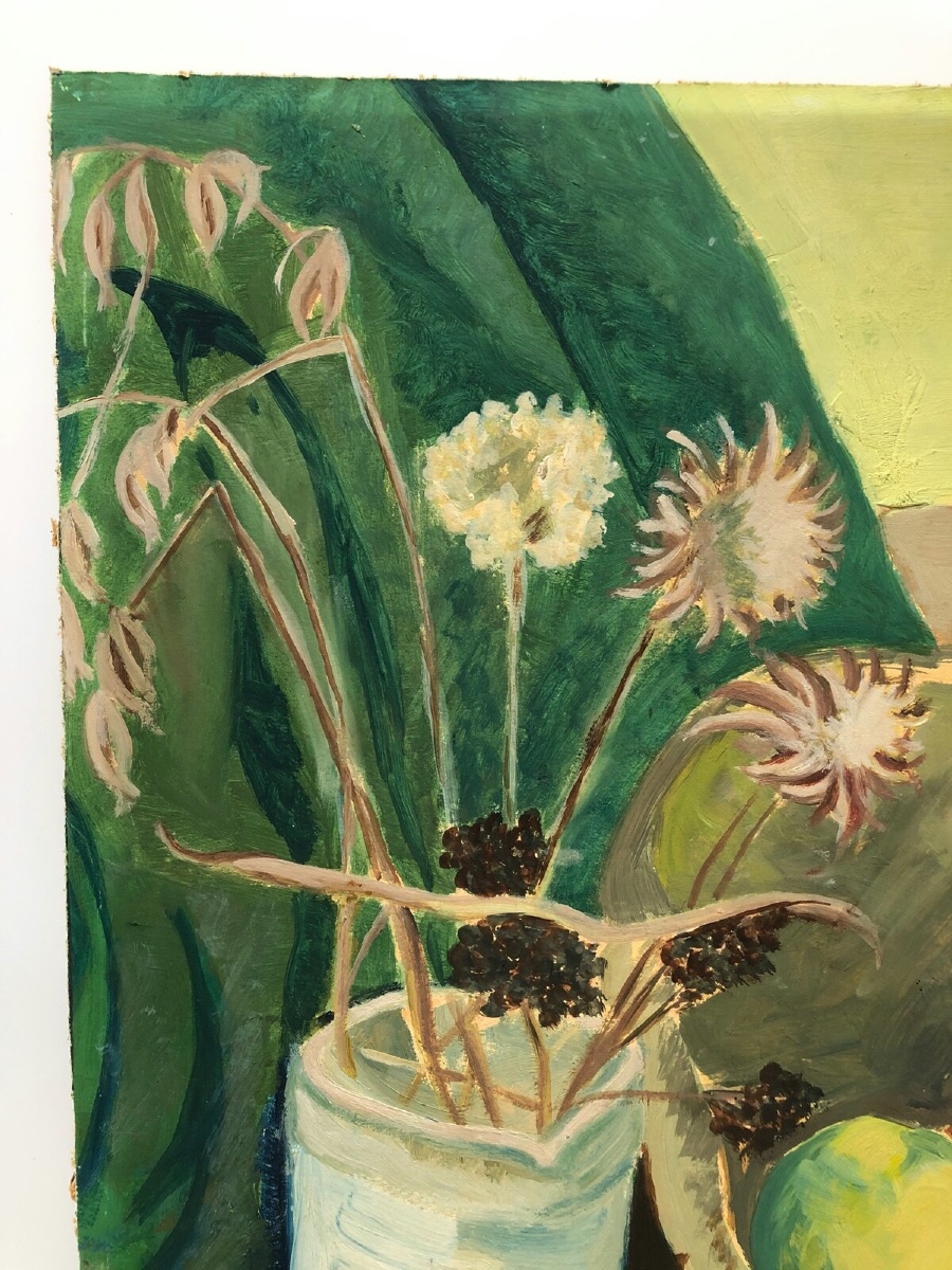 Nature morte vase de fleurs et coupe de fruits 1940 huile sur carton -photo-5
