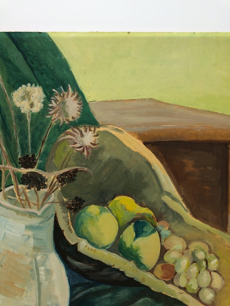 Nature morte vase de fleurs et coupe de fruits 1940 huile sur carton -photo-6