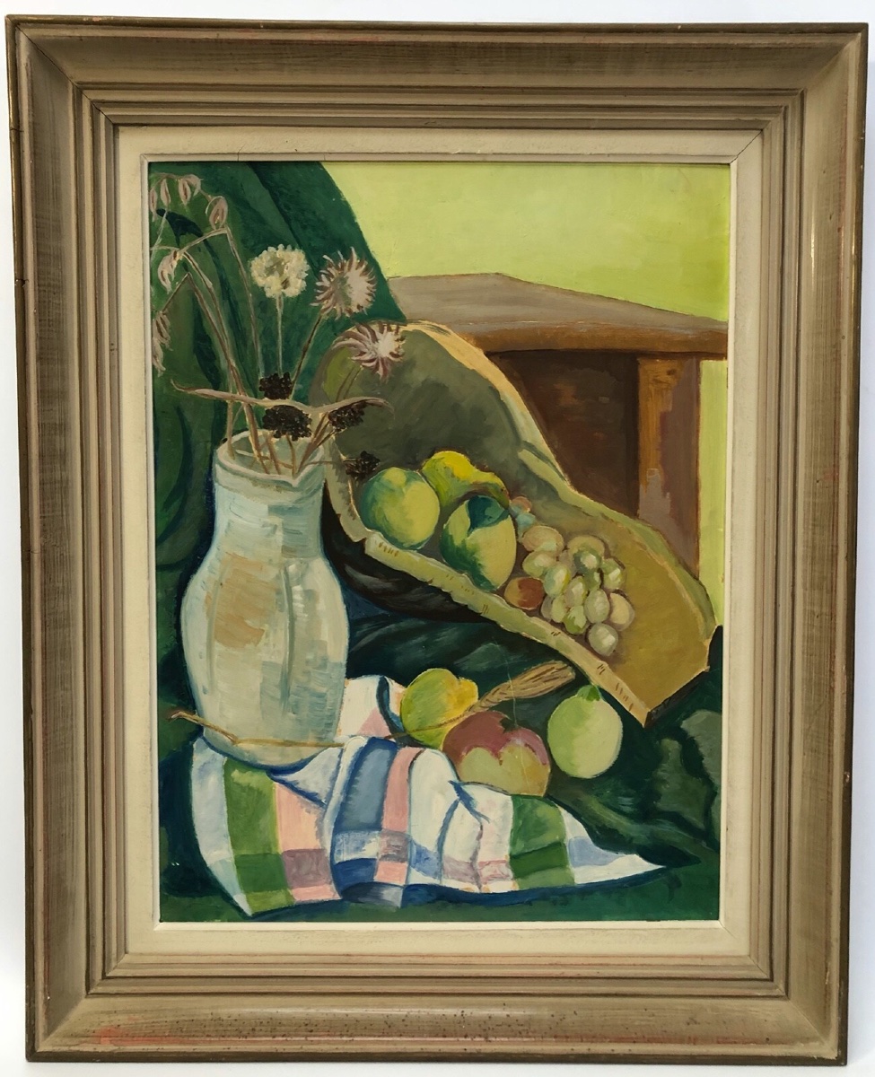 Nature morte vase de fleurs et coupe de fruits 1940 huile sur carton 