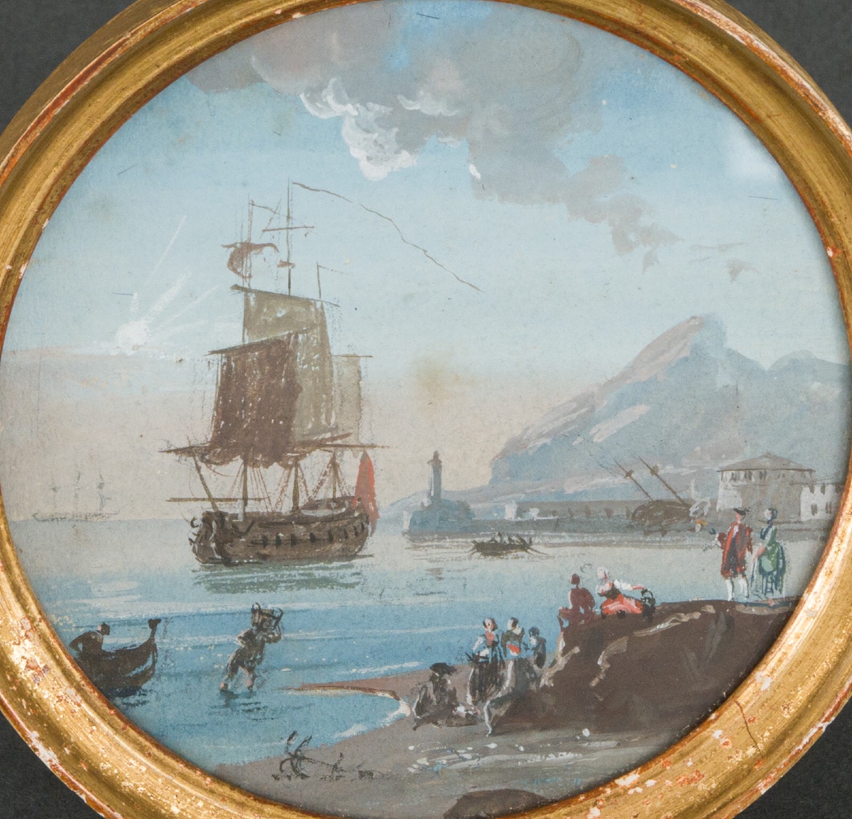 Miniature Galleon And Harbor Scene In A Gilded Wooden Frame -photo-2