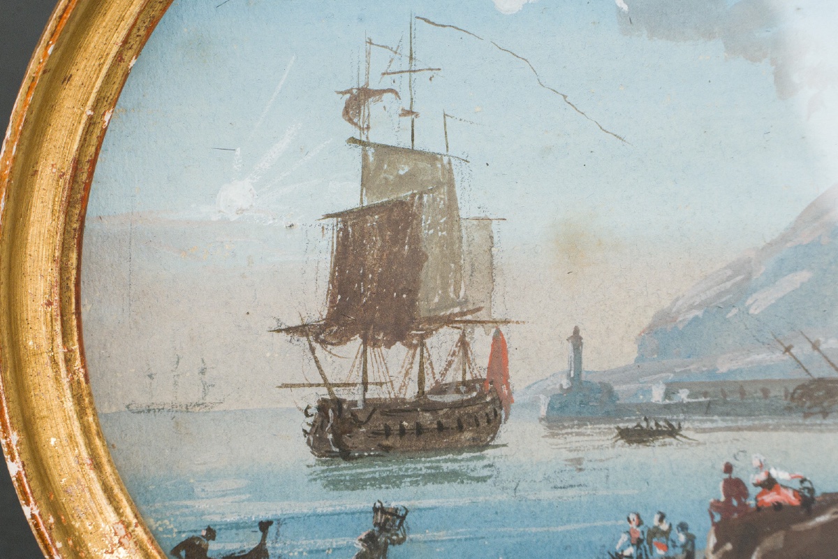 Miniature Galleon And Harbor Scene In A Gilded Wooden Frame -photo-3