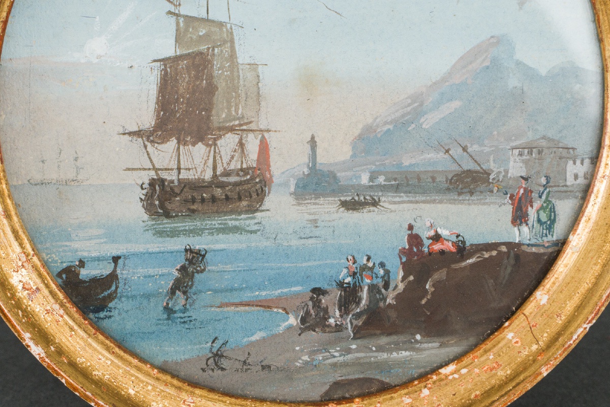 Miniature Galleon And Harbor Scene In A Gilded Wooden Frame -photo-4