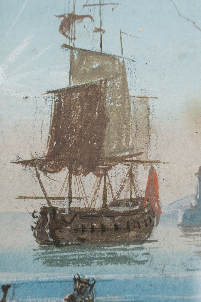 Miniature Galleon And Harbor Scene In A Gilded Wooden Frame -photo-1