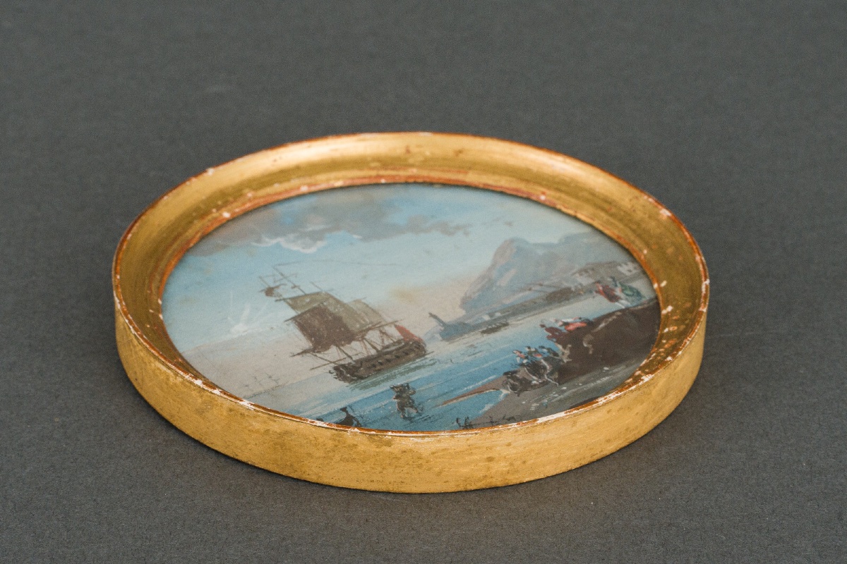 Miniature Galleon And Harbor Scene In A Gilded Wooden Frame -photo-2