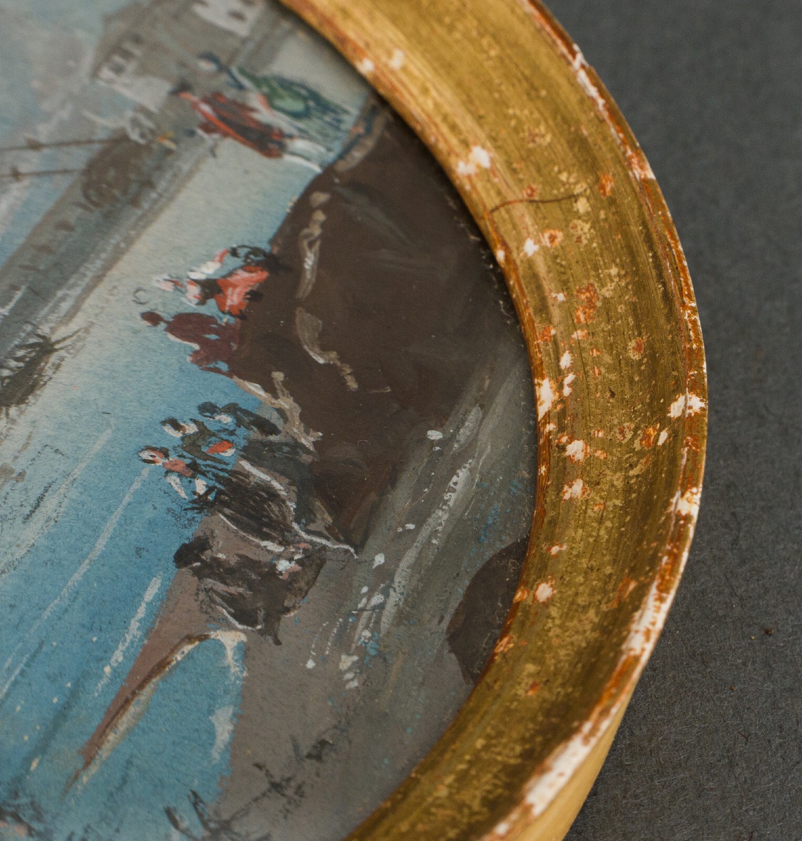 Miniature Galleon And Harbor Scene In A Gilded Wooden Frame -photo-3