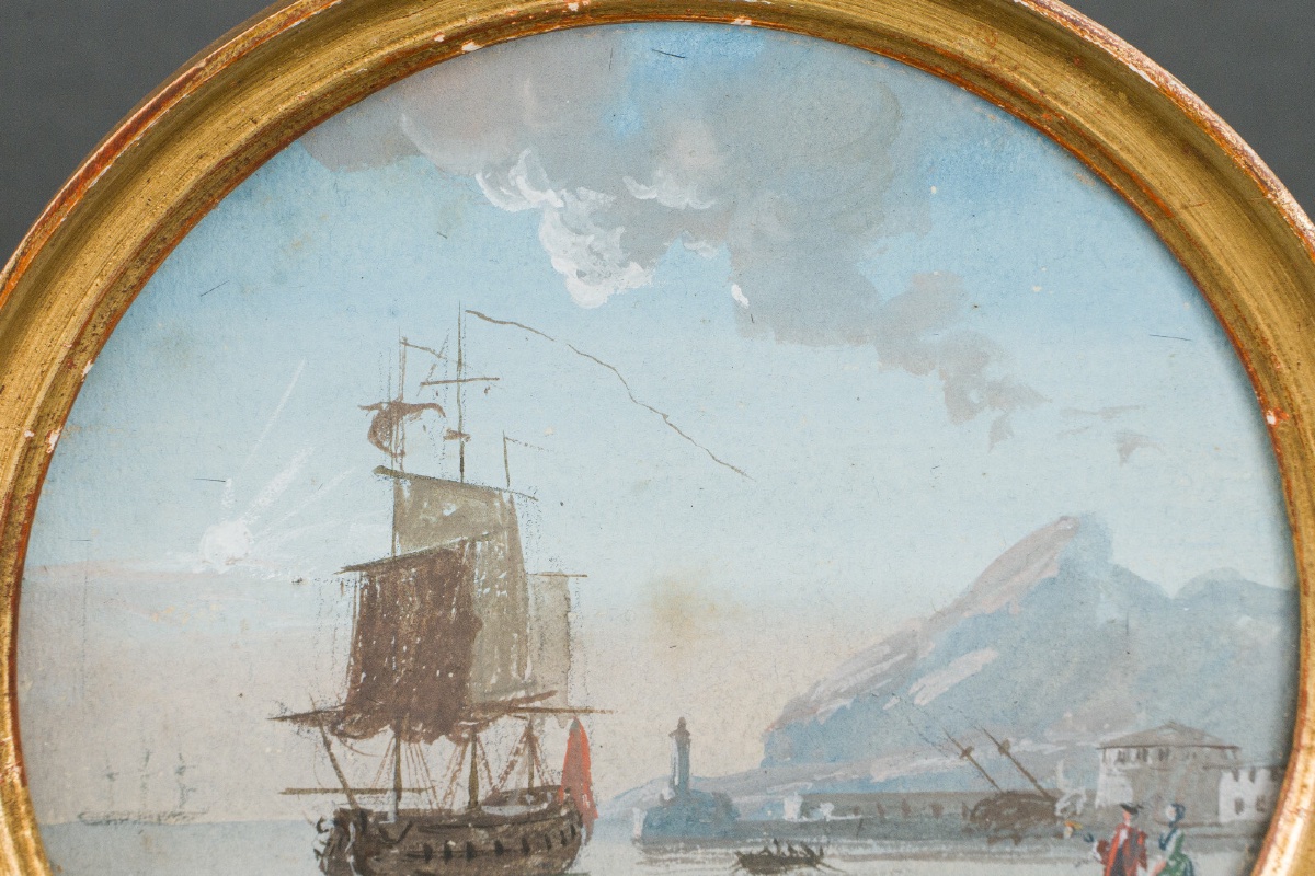 Miniature Galleon And Harbor Scene In A Gilded Wooden Frame -photo-4