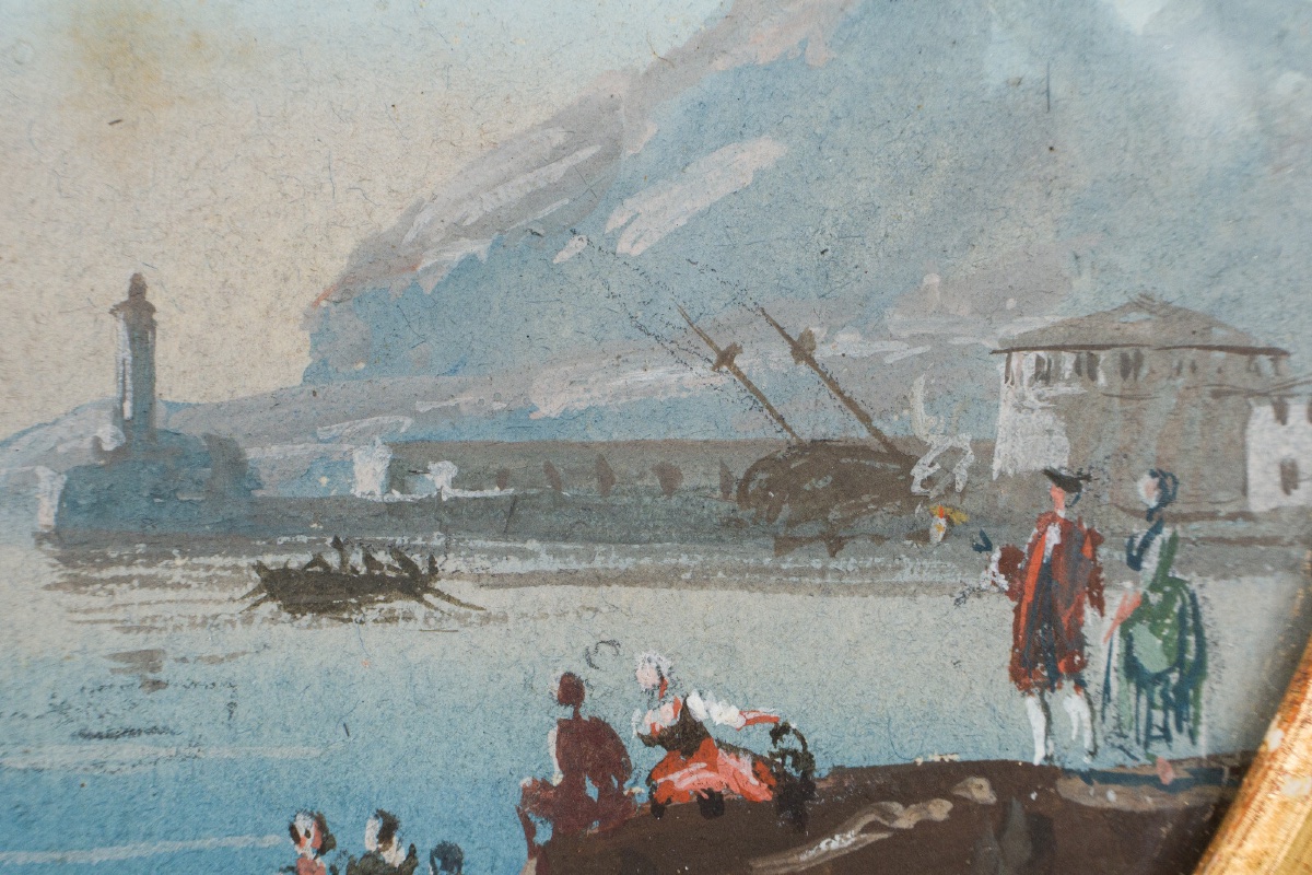 Miniature Galleon And Harbor Scene In A Gilded Wooden Frame -photo-6