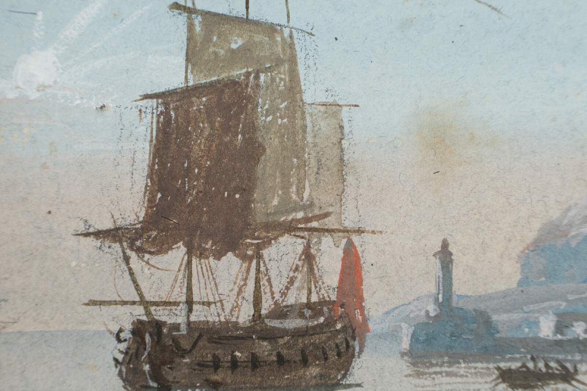 Miniature Galleon And Harbor Scene In A Gilded Wooden Frame -photo-7
