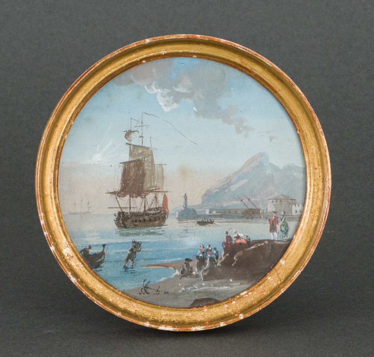 Miniature Galleon And Harbor Scene In A Gilded Wooden Frame 