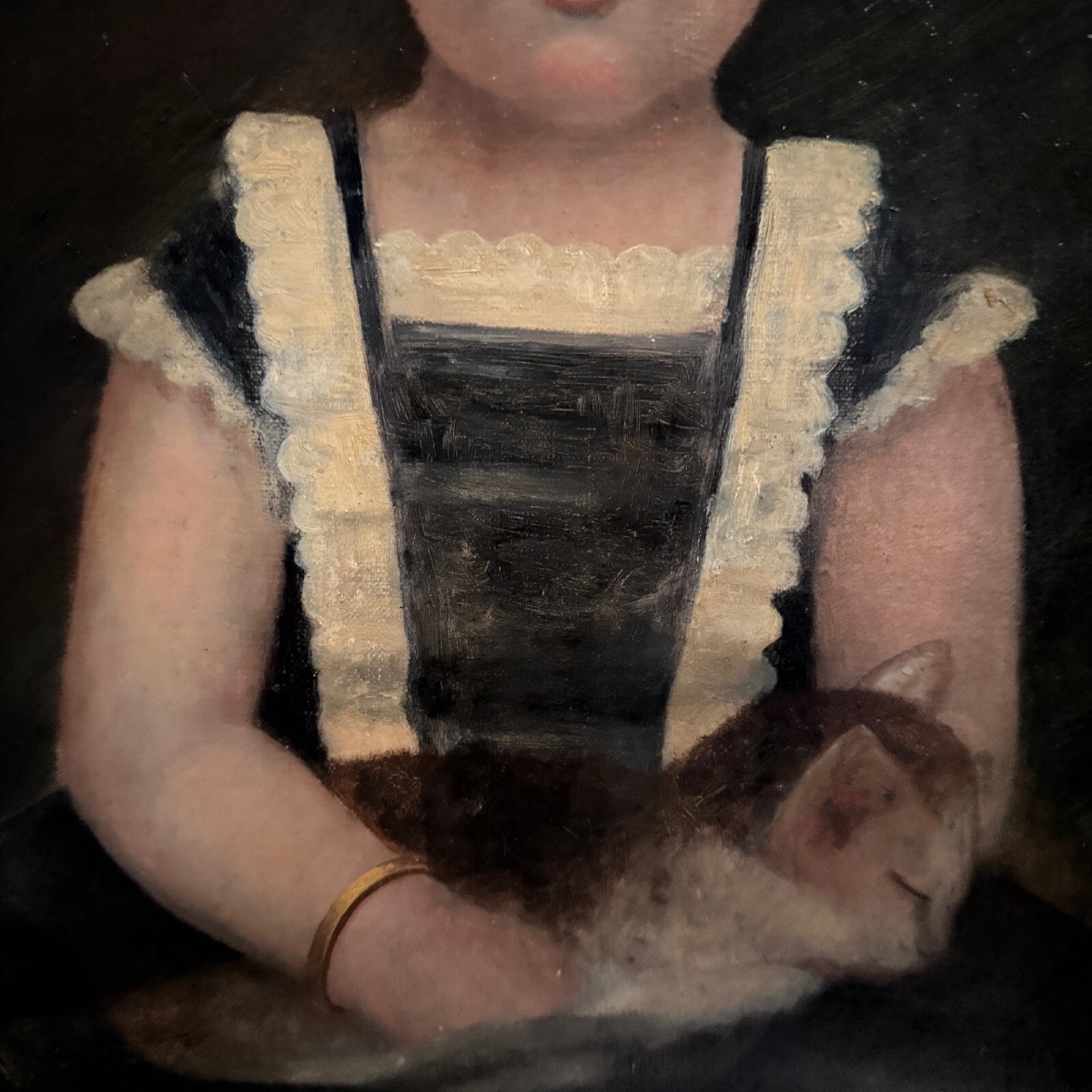 19th-century Oil On Canvas Depicting A Young Child Holding His Cat, In A Gilded Frame-photo-2