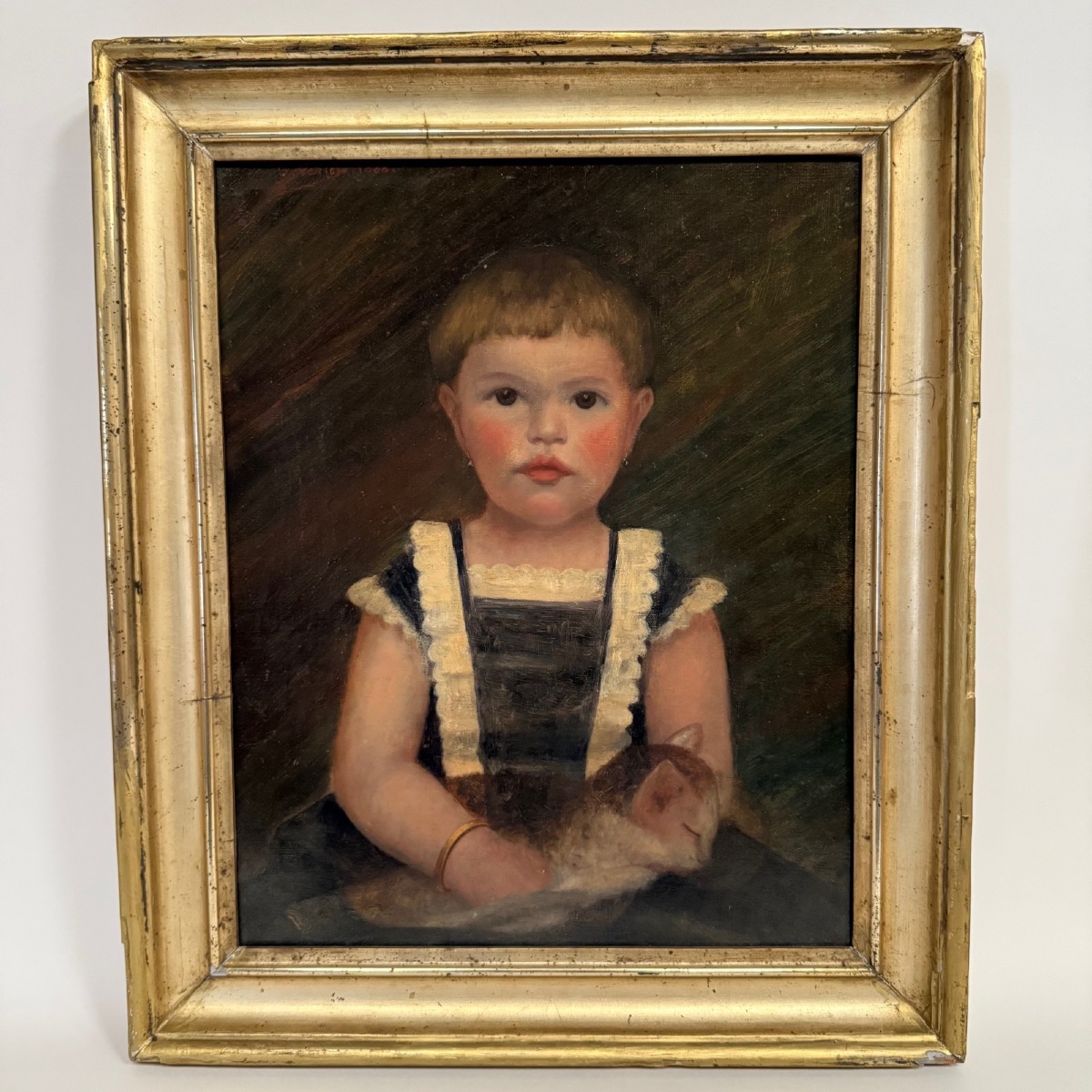 19th-century Oil On Canvas Depicting A Young Child Holding His Cat, In A Gilded Frame