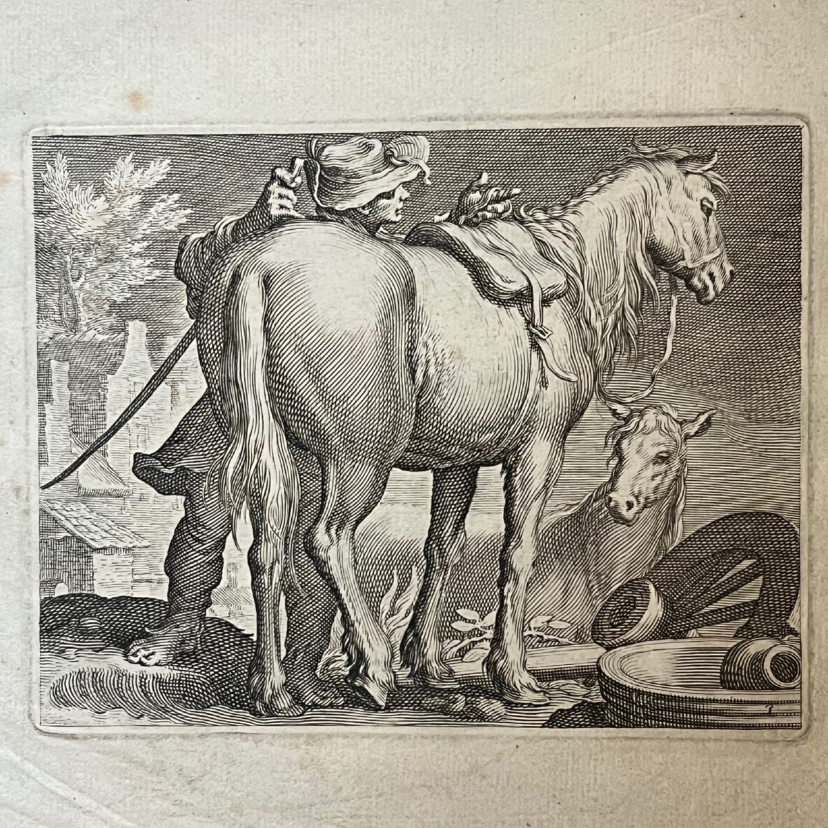 Engraving By Boëtius Adams Bolswert: A Man And Two Horses, 17th Century