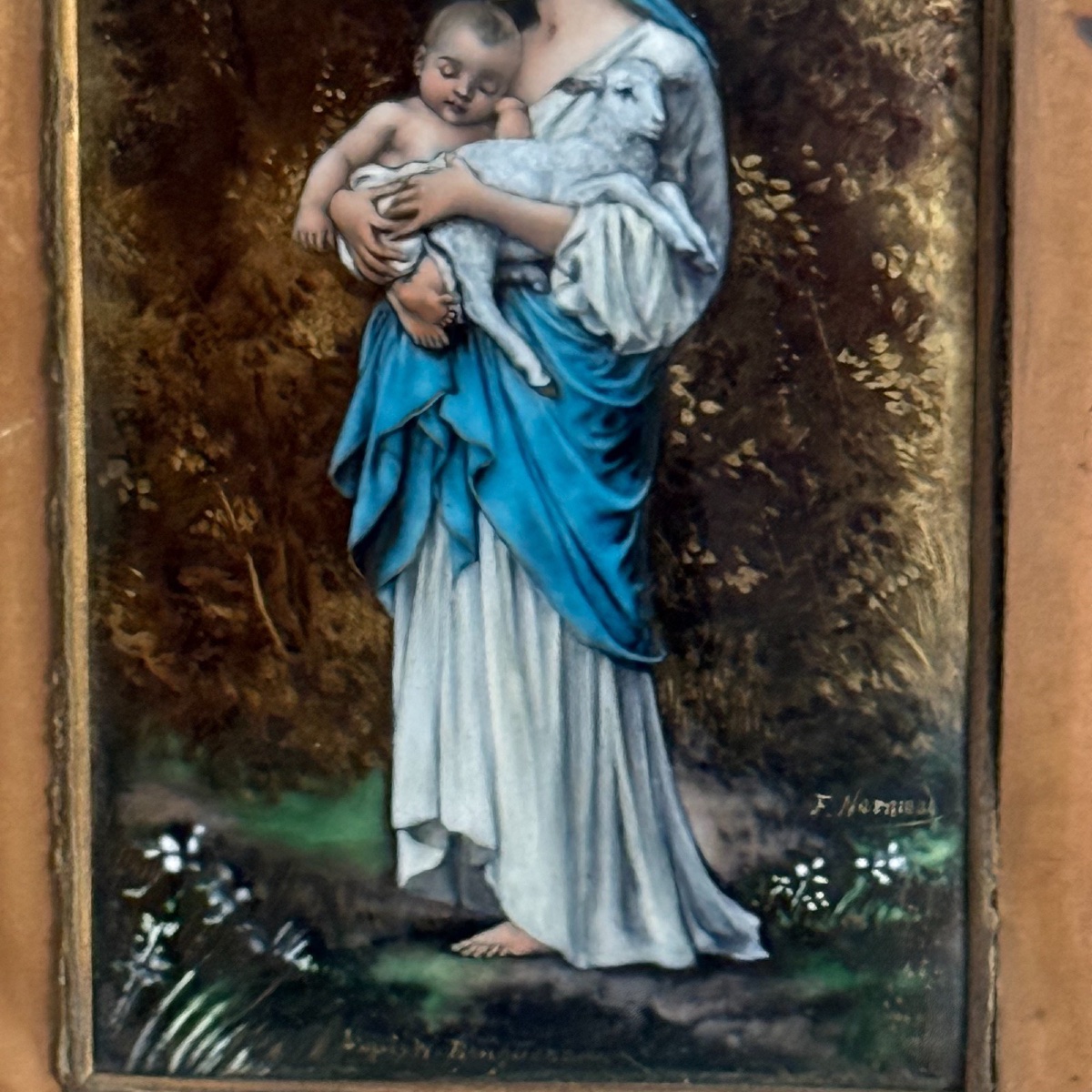 Plaque émail de Limoges Vierge à l'Enfant F. Normand d'après W.Bouguereau -photo-3