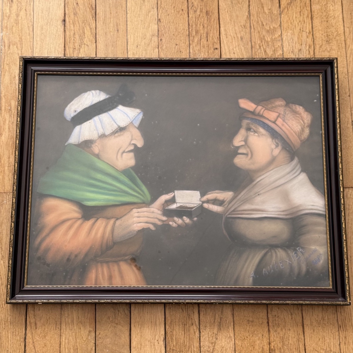 Pastel By A. Autexier, 1887, Depicting Two Women With Snuff 