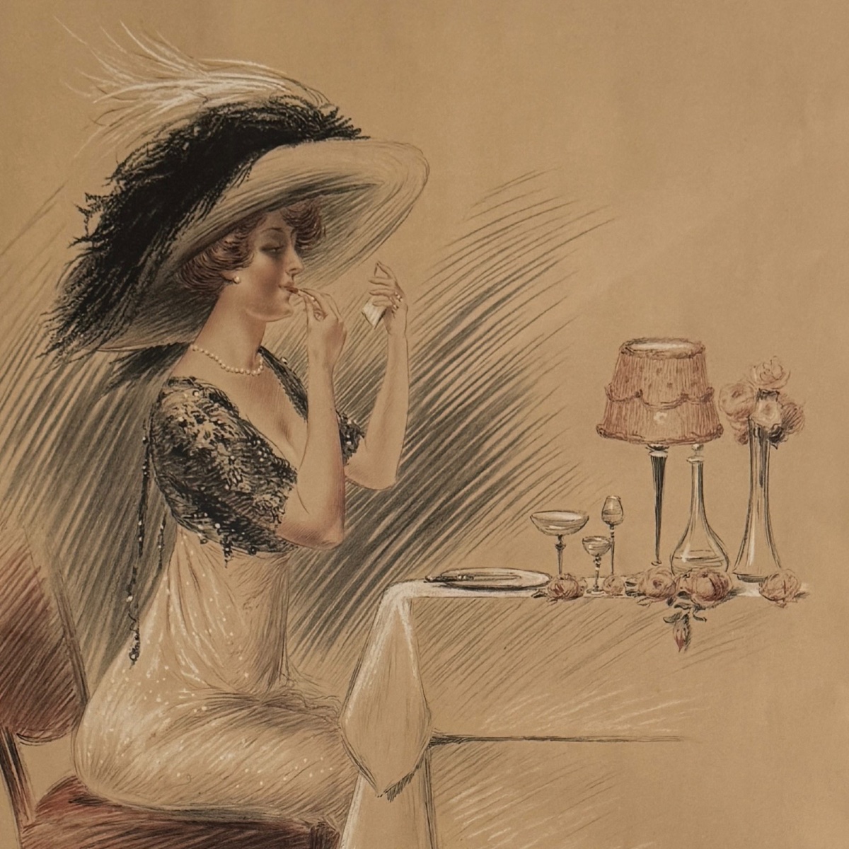 Dessin par Louis Vallet 1912 représentant une élégante au maquillage -photo-4