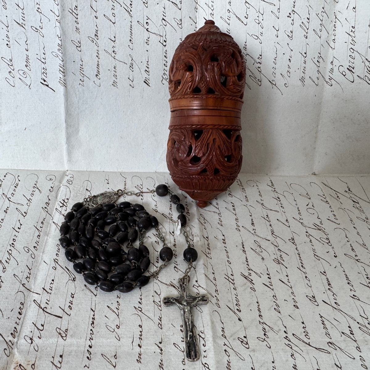 19th-century Carved Corozo Egg-shaped Rosary Case