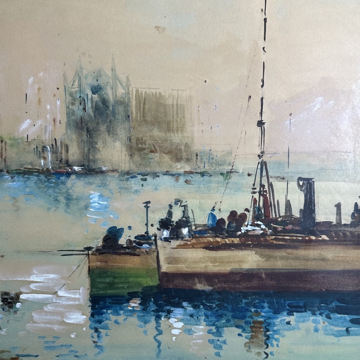 Watercolor On Paper Depicting Two Steamboats By Diaz, 20th Century-photo-4