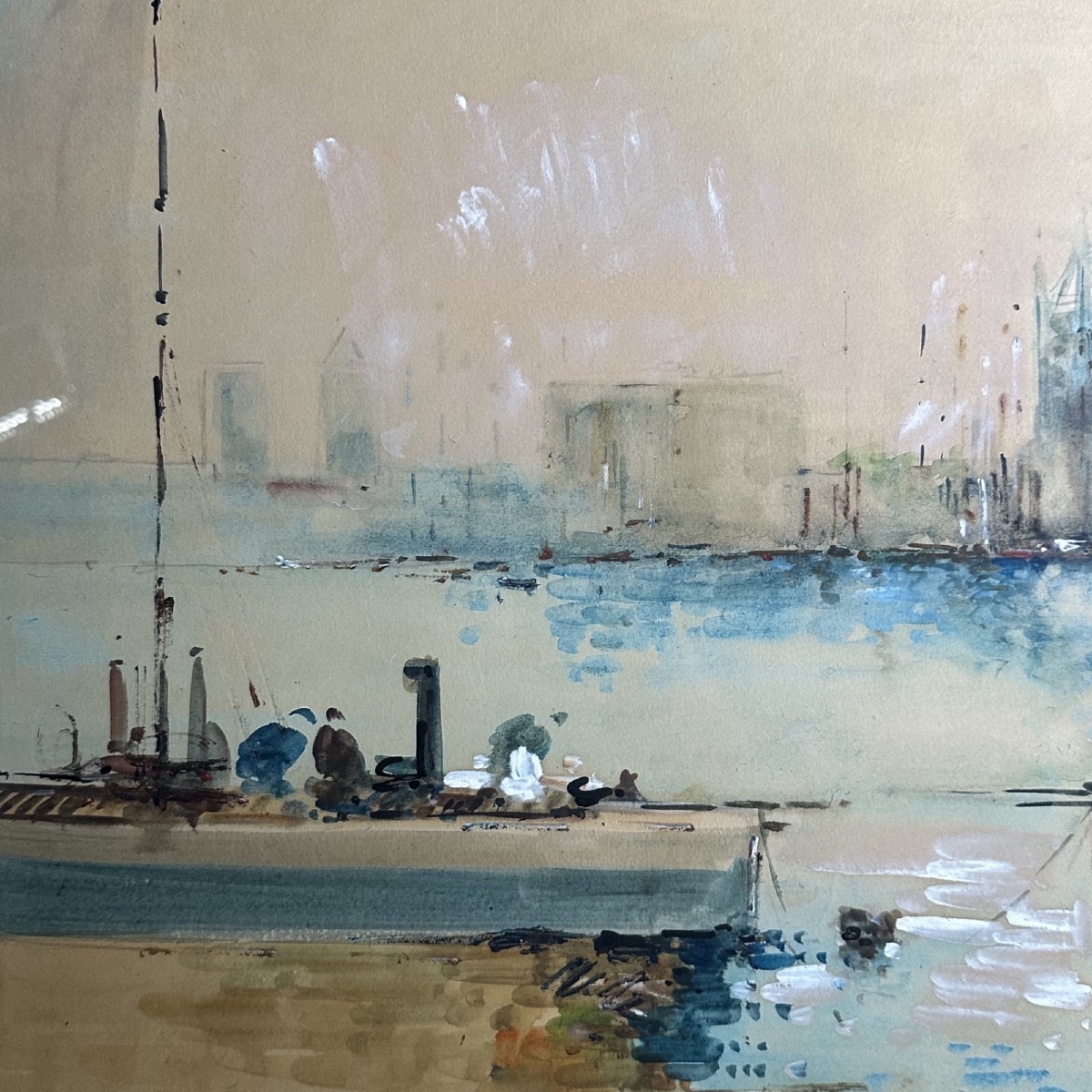 Watercolor On Paper Depicting Two Steamboats By Diaz, 20th Century-photo-2