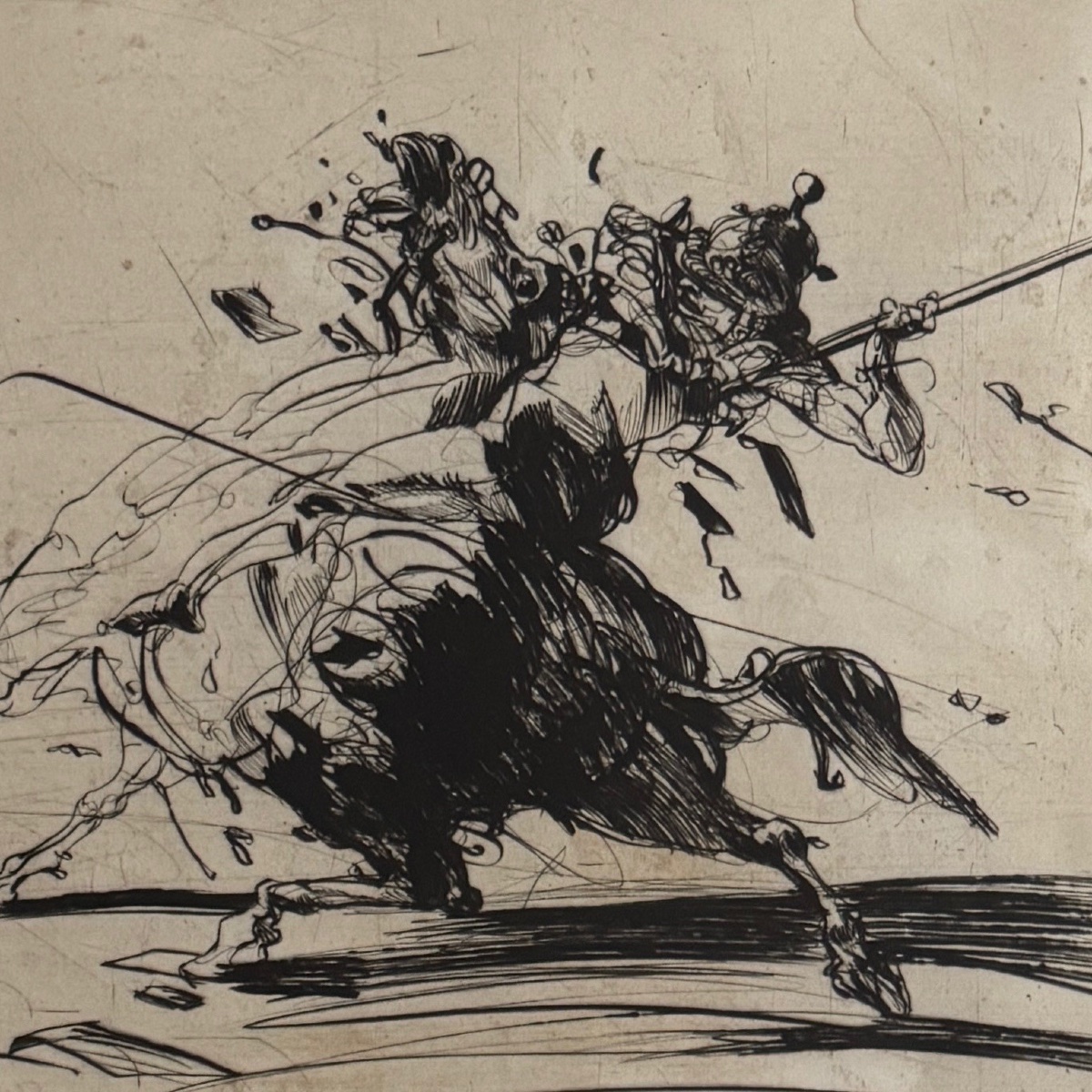 Lithographie par Claude Weisbuch représentant un cavalier casqué XXe-photo-1
