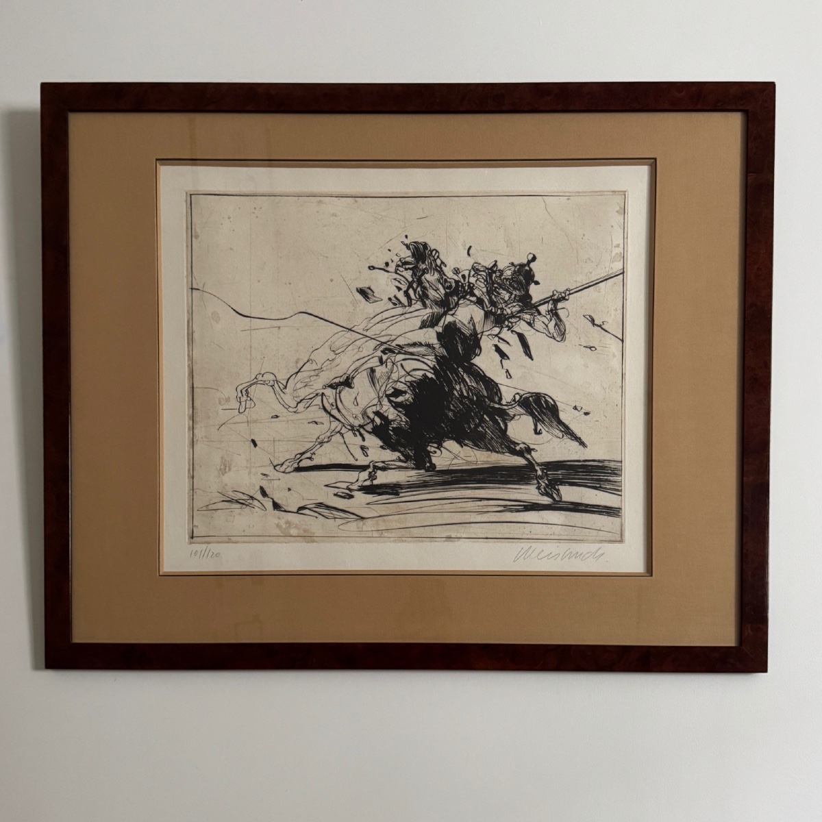 Lithographie par Claude Weisbuch représentant un cavalier casqué XXe