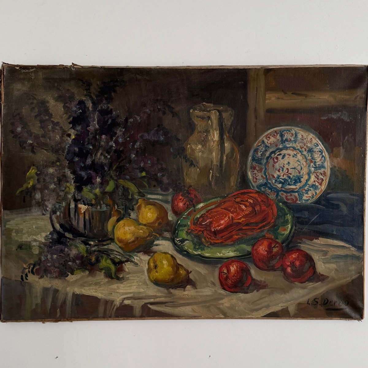 Huile sur toile nature morte aux fruits et aux fleurs XXe par LS Deroo -photo-2