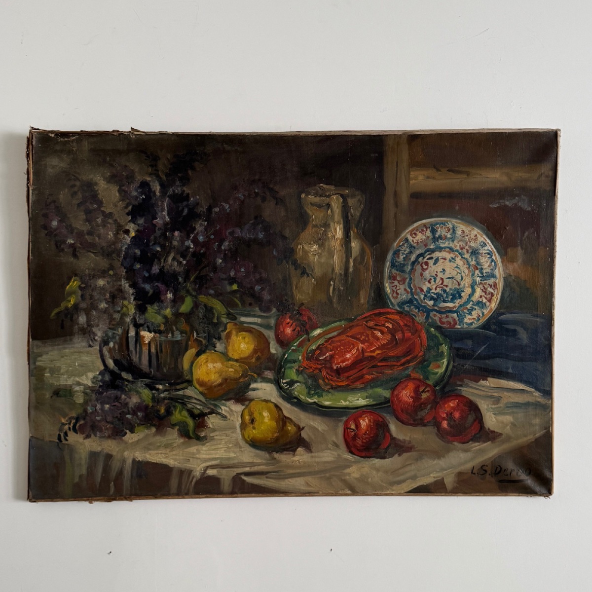 Huile sur toile nature morte aux fruits et aux fleurs XXe par LS Deroo 