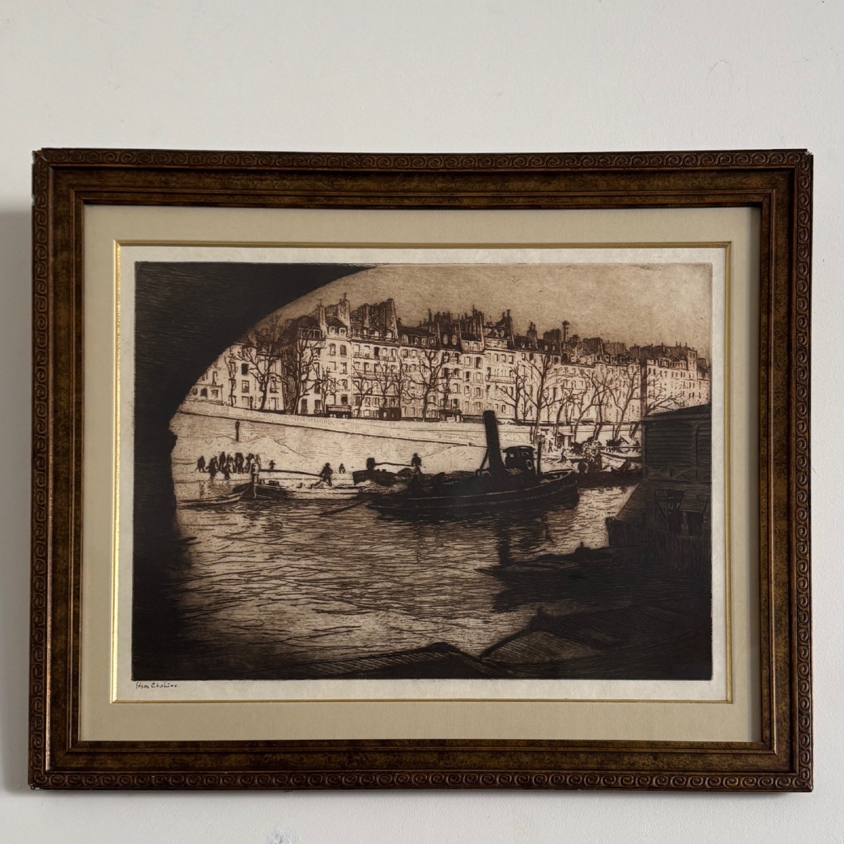 Gravure par Edgar Chahine (1874-1947) quai de l'Hotel de Ville Paris 1915 