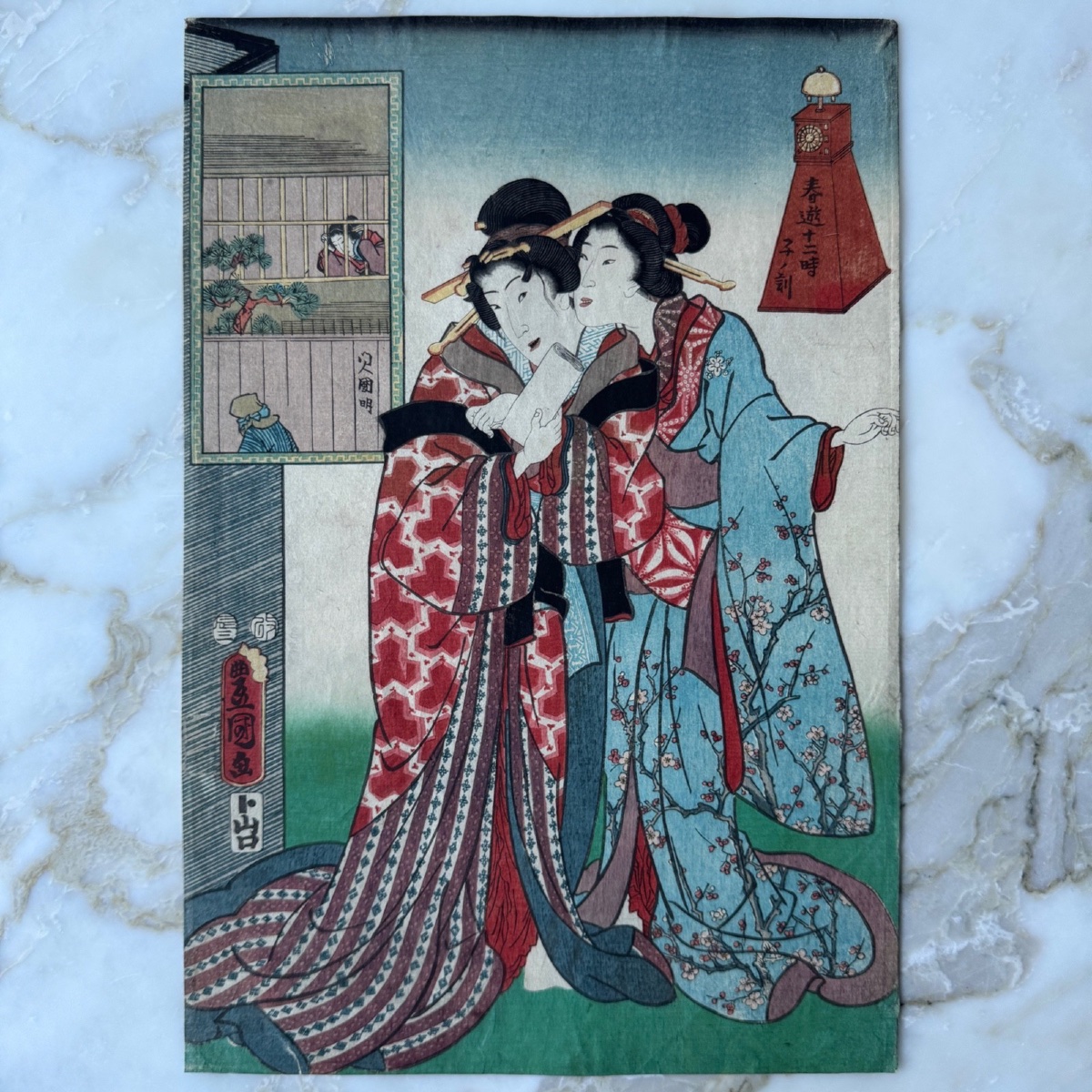 Antique Japanese Print By Toyokuni III Kunisada: Two Women In Kimonos -photo-2