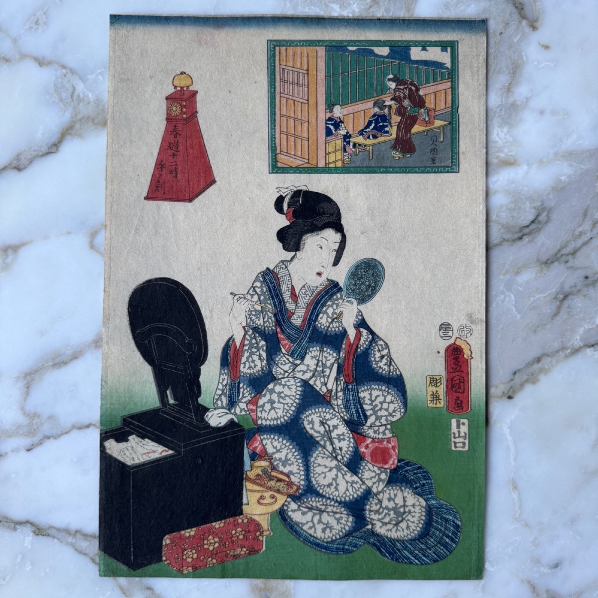 Antique Japanese Woodblock Print By Toyokuni III Kunisada: Woman With A Mirror -photo-2