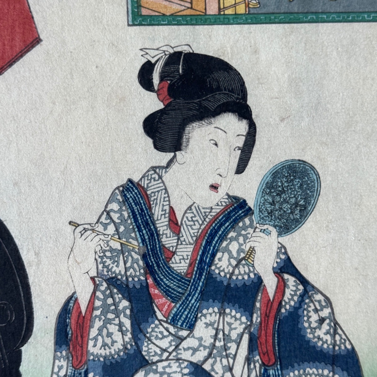 Antique Japanese Woodblock Print By Toyokuni III Kunisada: Woman With A Mirror -photo-3