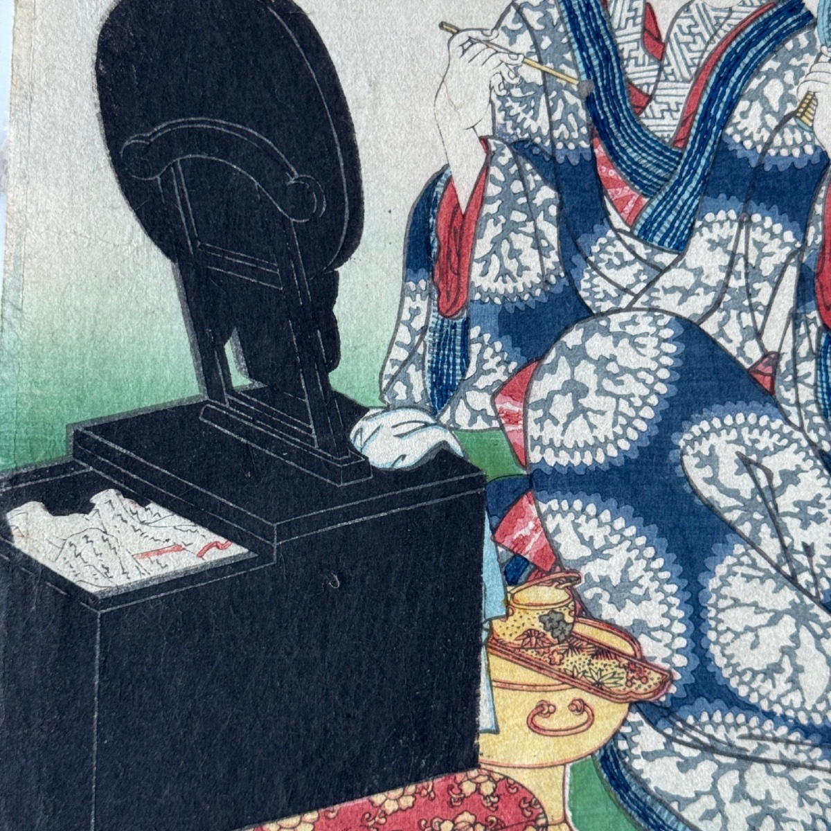 Antique Japanese Woodblock Print By Toyokuni III Kunisada: Woman With A Mirror -photo-3