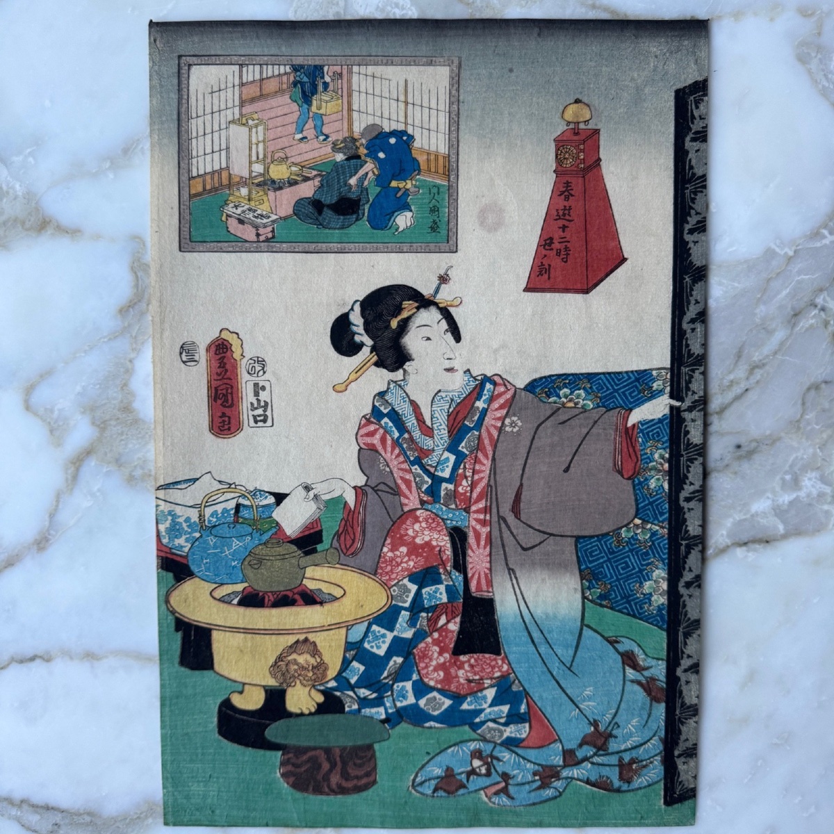 Antique Japanese Woodblock Print By Toyokuni III Kunisada: Woman Enjoying Tea -photo-2