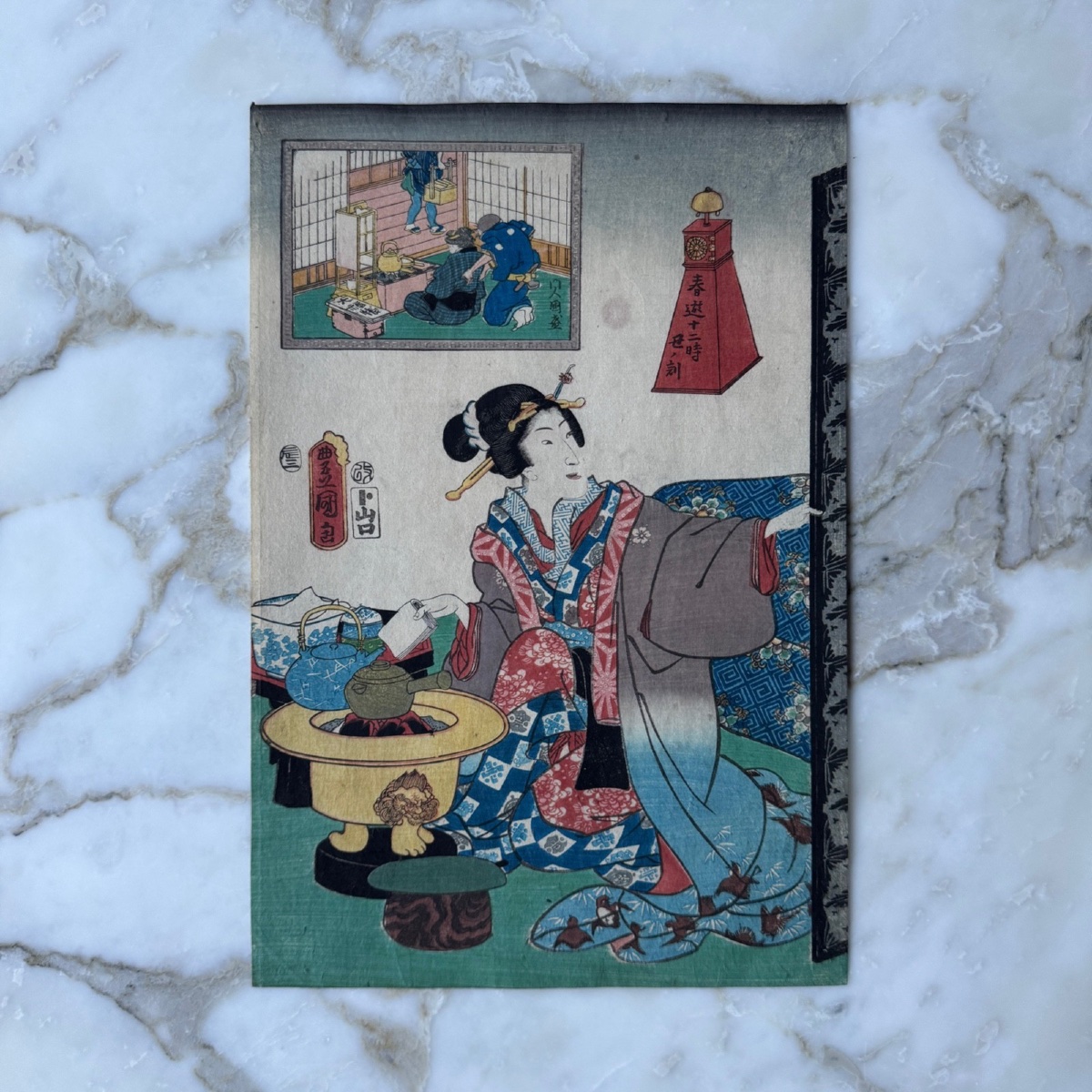 Antique Japanese Woodblock Print By Toyokuni III Kunisada: Woman Enjoying Tea 