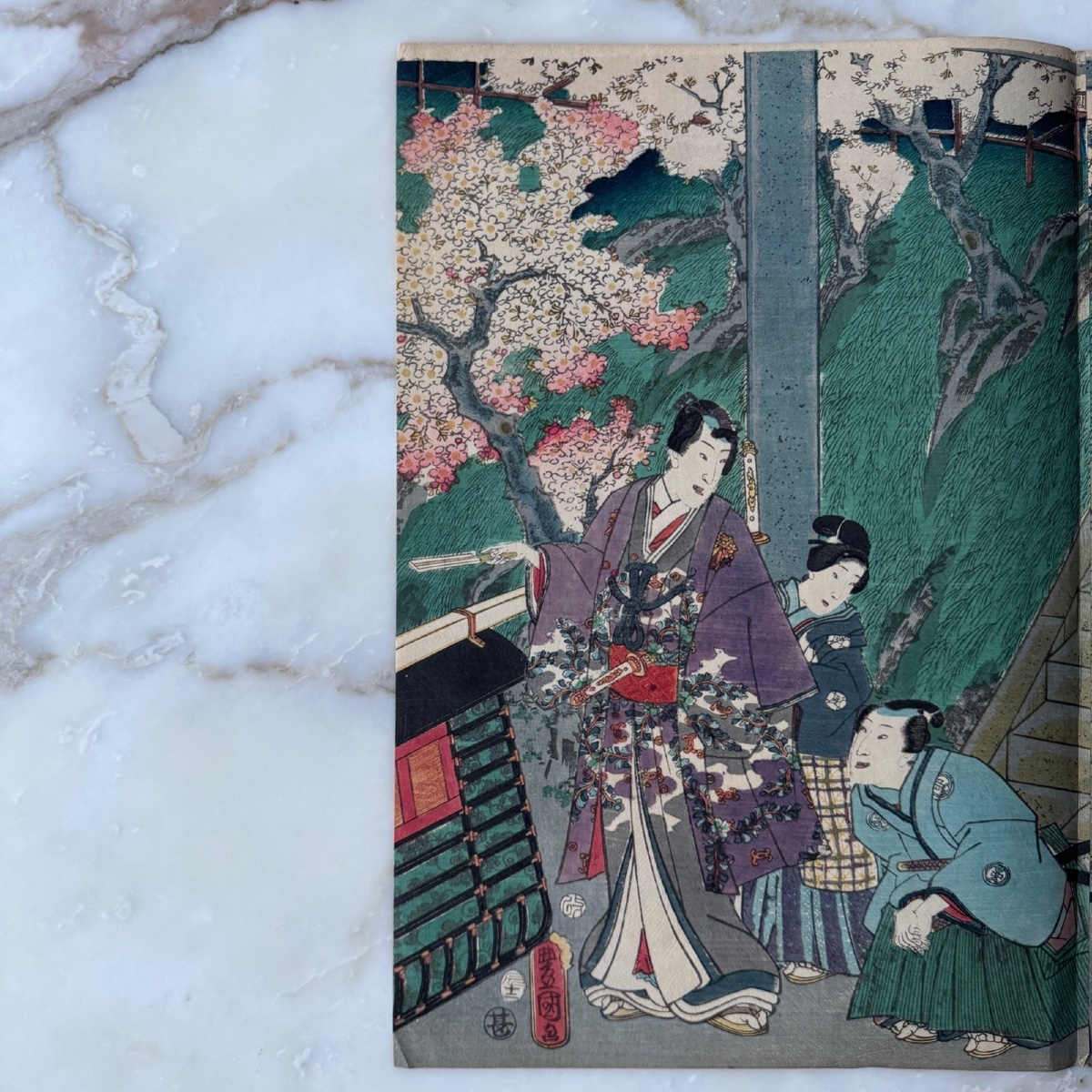 "genji: Spring Cherry Blossoms" Triptych By Toyokuni III -photo-2