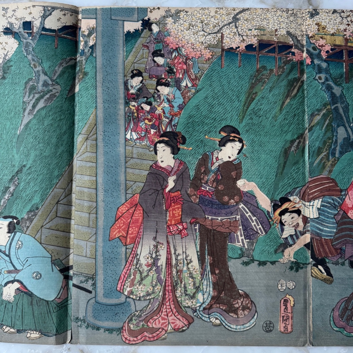 "genji: Spring Cherry Blossoms" Triptych By Toyokuni III -photo-3