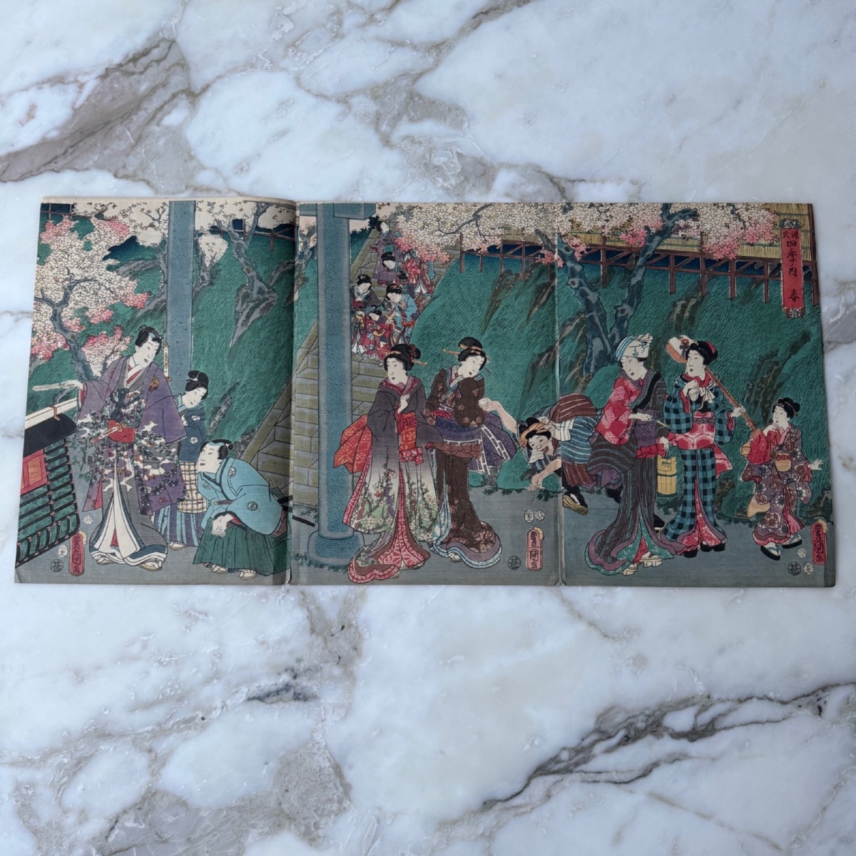 "genji: Spring Cherry Blossoms" Triptych By Toyokuni III 