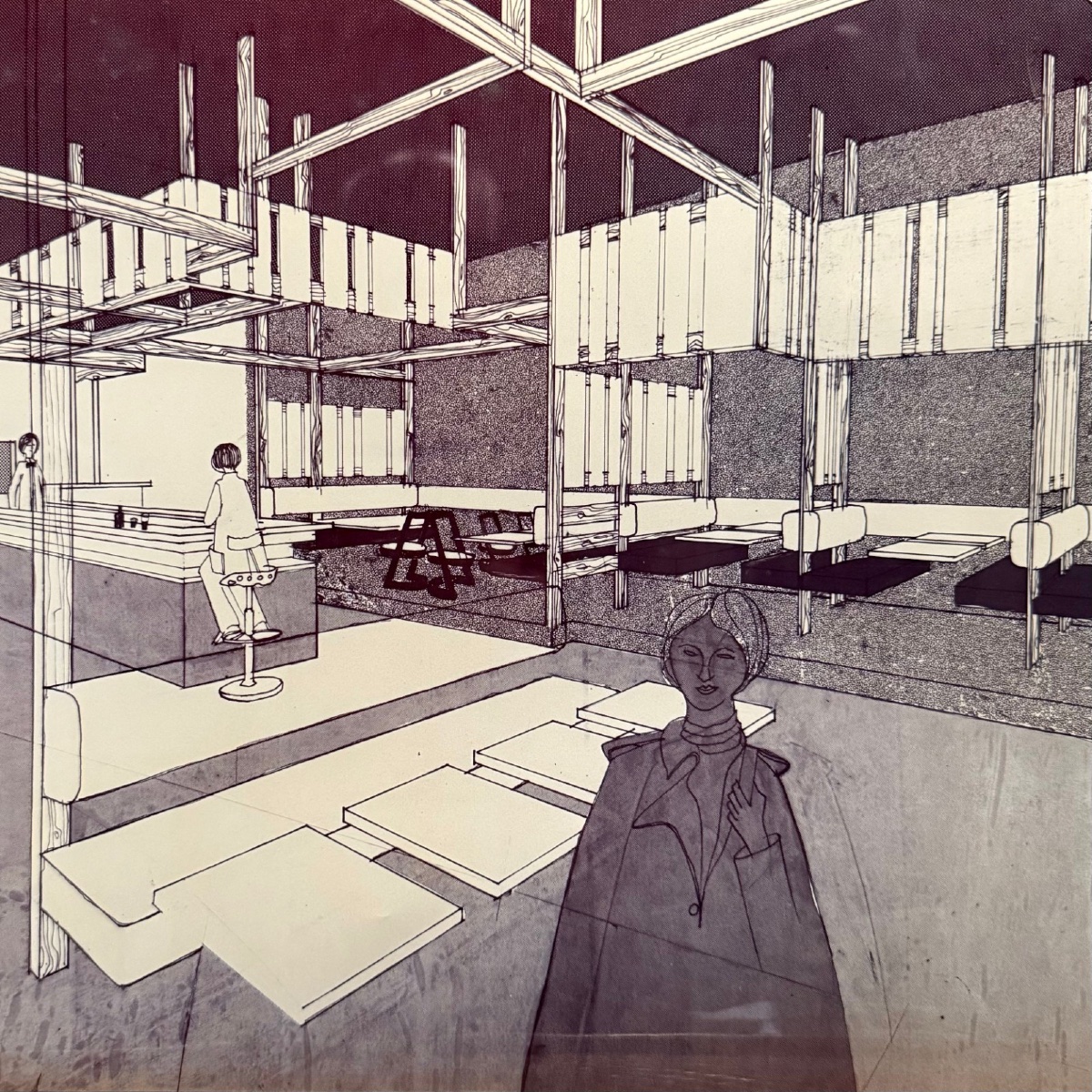 Dessin projet d'aménagement de crêperie par François de Chabot 1970 