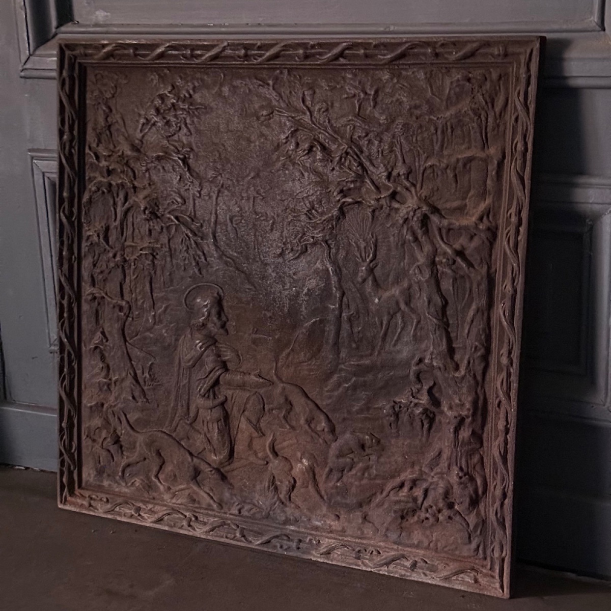Cast-iron Mantelpiece From The Late 18th To Early 19th Century, Featuring The Legend Of St. Hubert -photo-3