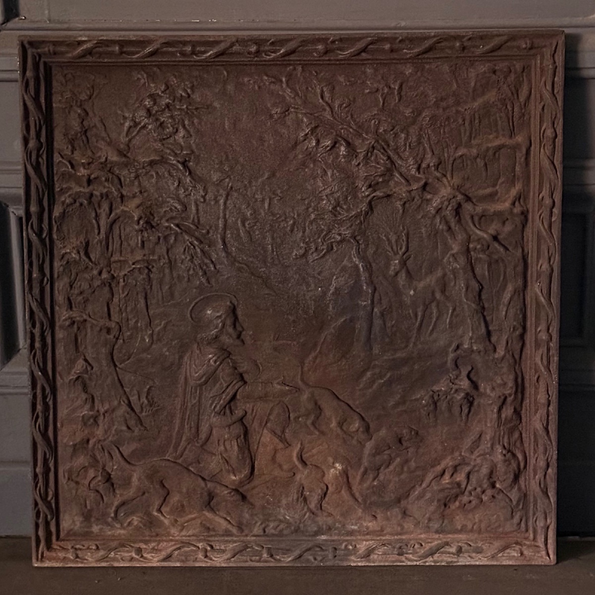 Cast-iron Mantelpiece From The Late 18th To Early 19th Century, Featuring The Legend Of St. Hubert 