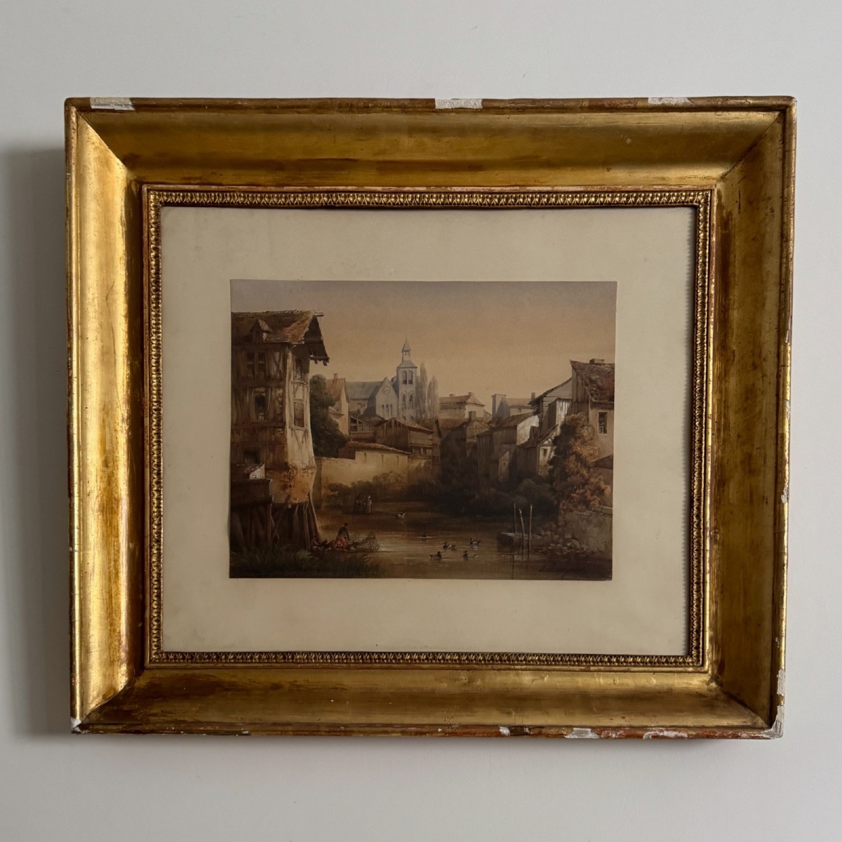 Aquarelle les teinturiers à Châlons-sur-Marne XIXe par J. Bourgeois