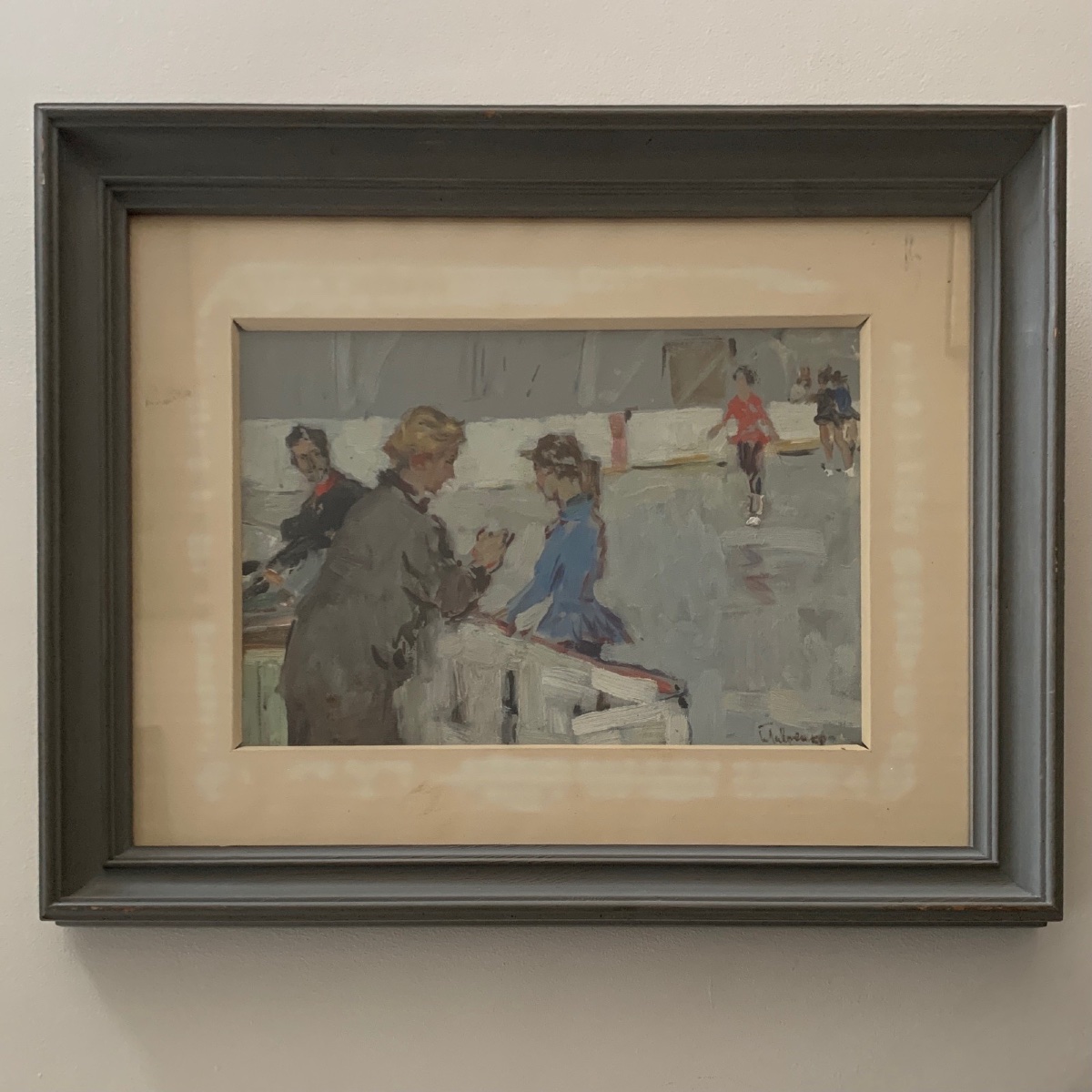Huile sur Isorel 1960 représentant des patineuses à glace et des juges -photo-2